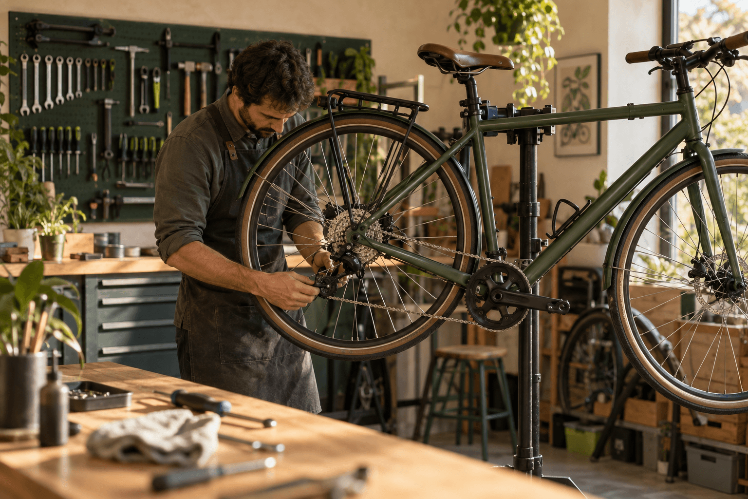 Imagen ilustrativa creada con IA de un mecánico ajustando una bicicleta en un taller