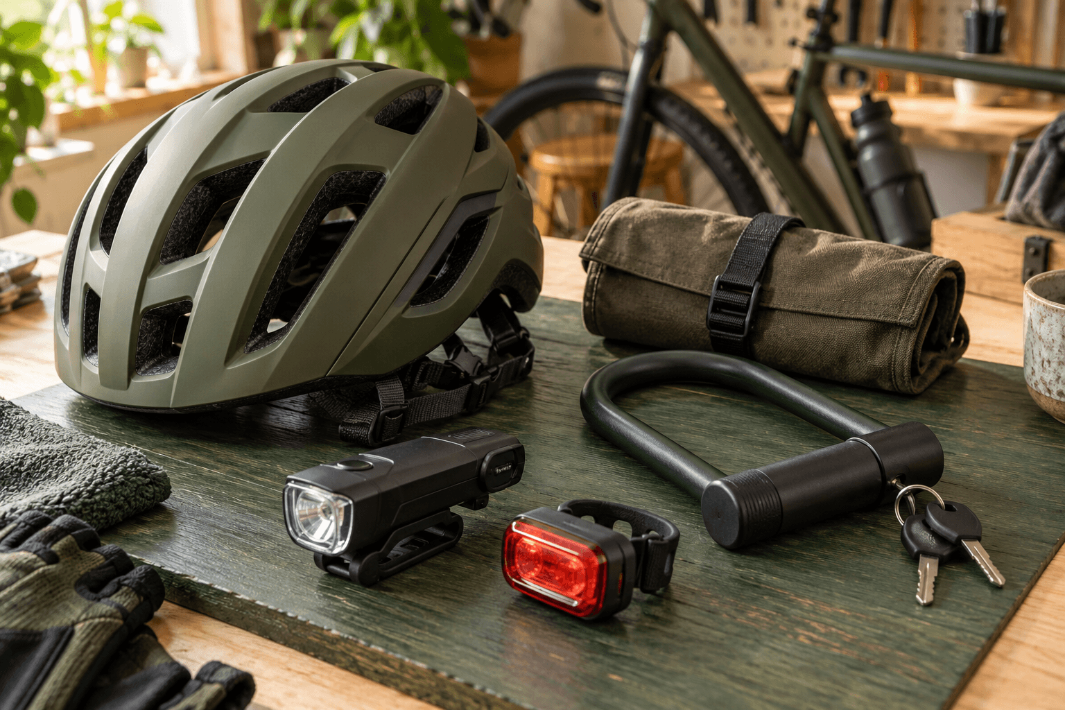 Accesorios de bicicleta preparados sobre una mesa.