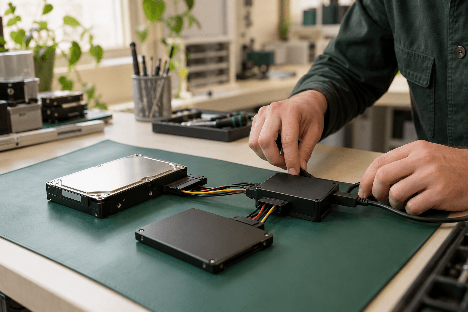 Disco duro cerrado, SSD y adaptadores bajo revisión técnica.