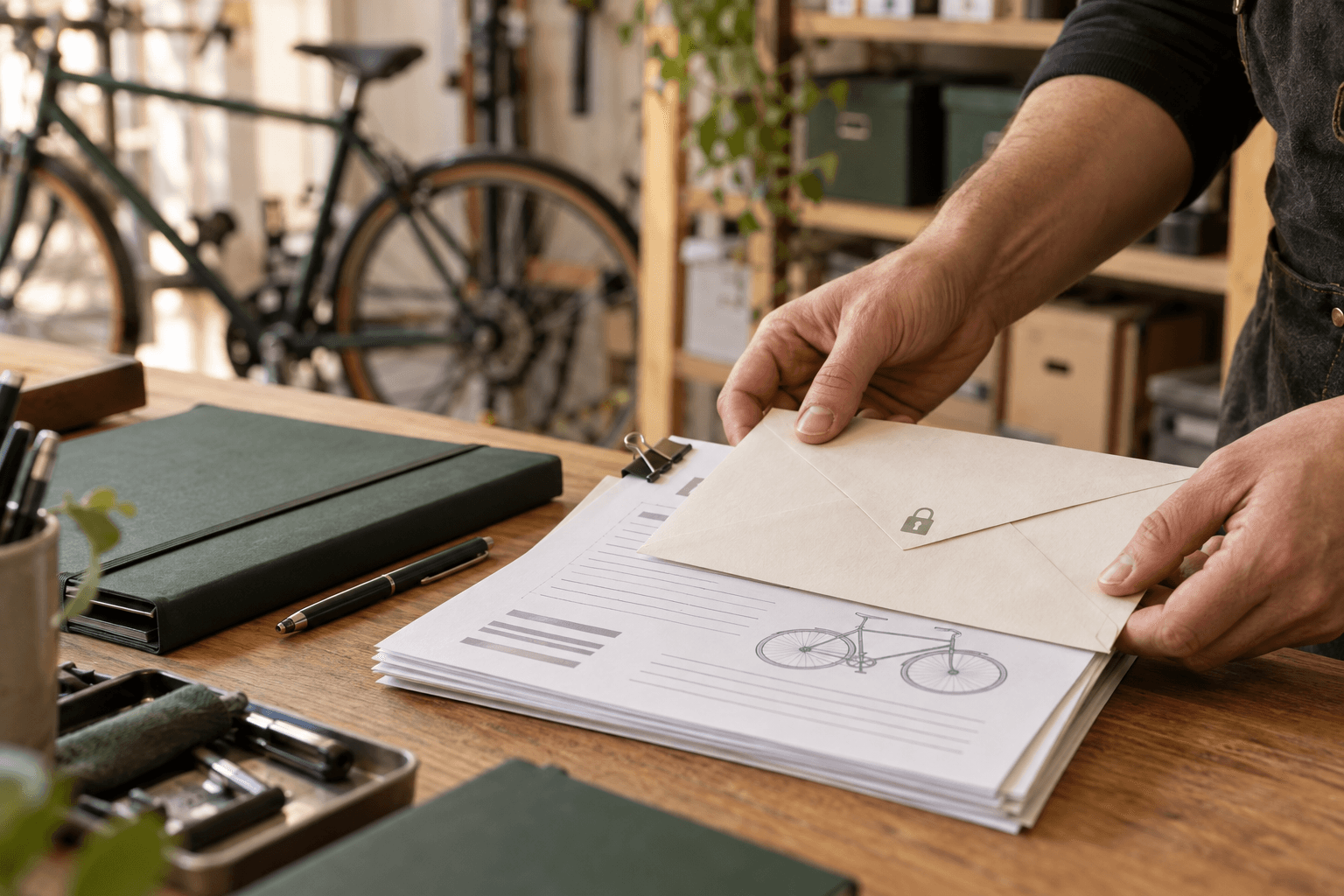 Documentos y un sobre sobre una mesa ordenada.