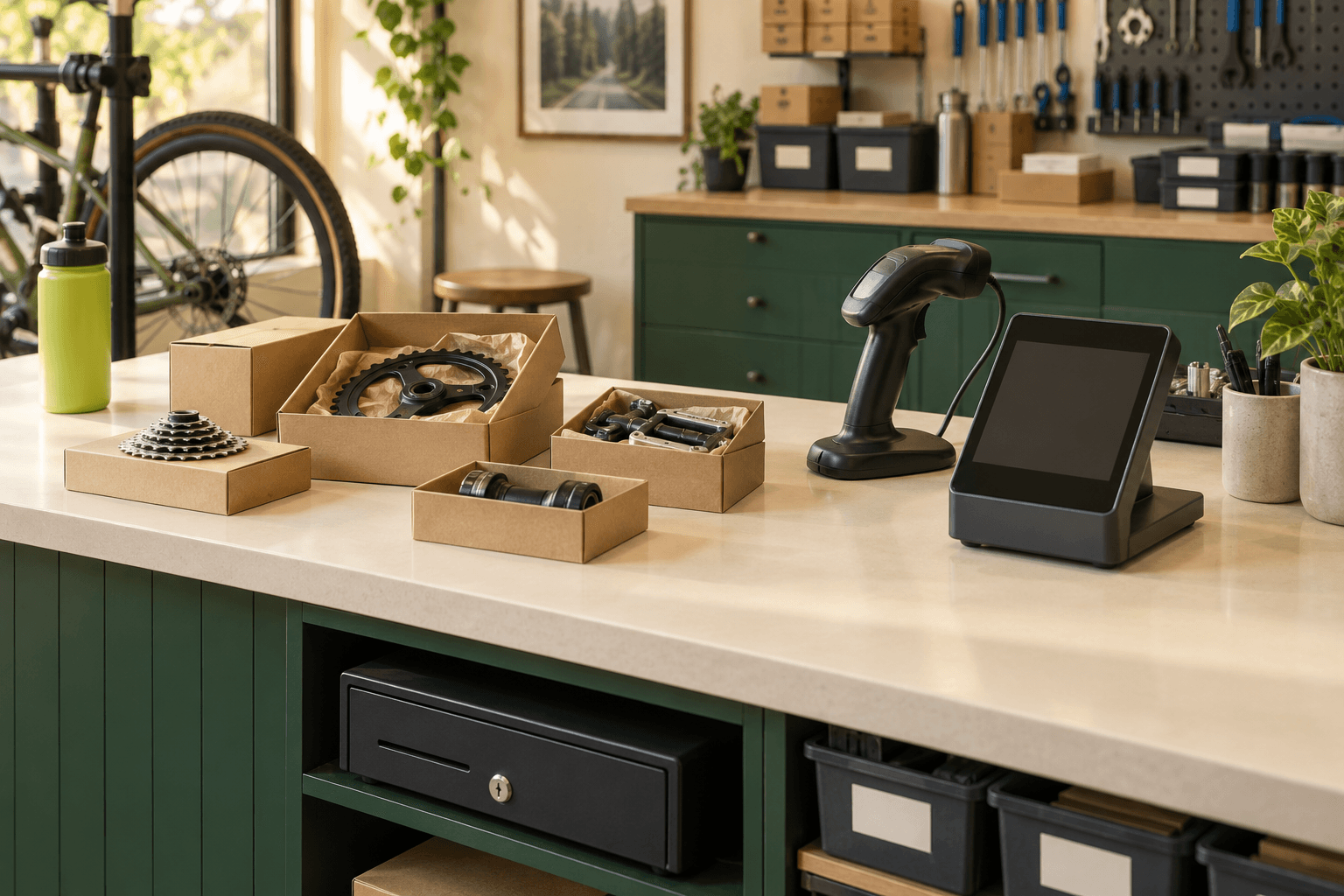 Mostrador de trabajo con herramientas y artículos de bicicleta.