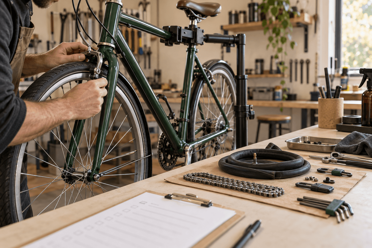 Registro de servicio junto a herramientas de bicicleta.
